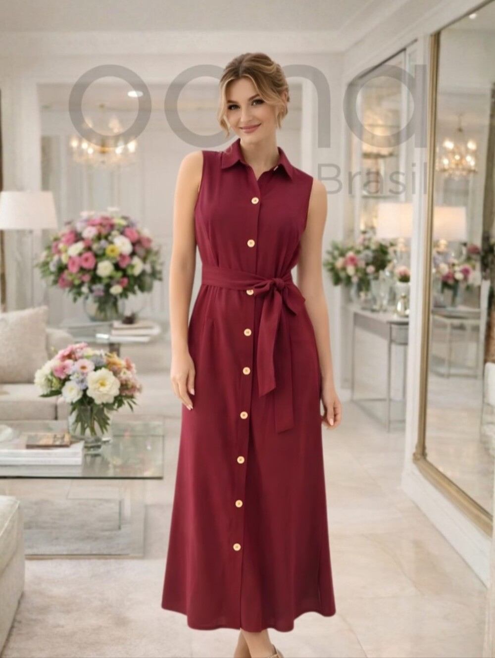 Sleeveless Button Down Midi Dress in Burgundy By Nina Leonard Size L Gold Button